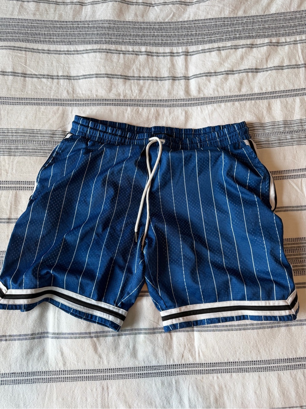 Vintage Navy Pinstripe Sport Shorts with White Drawstring
